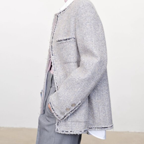 CHICJOC Handwoven Tweed Coat – Moonlight Grey with Night-Sky Sequin Fringe, Size - Picture 7 of 16